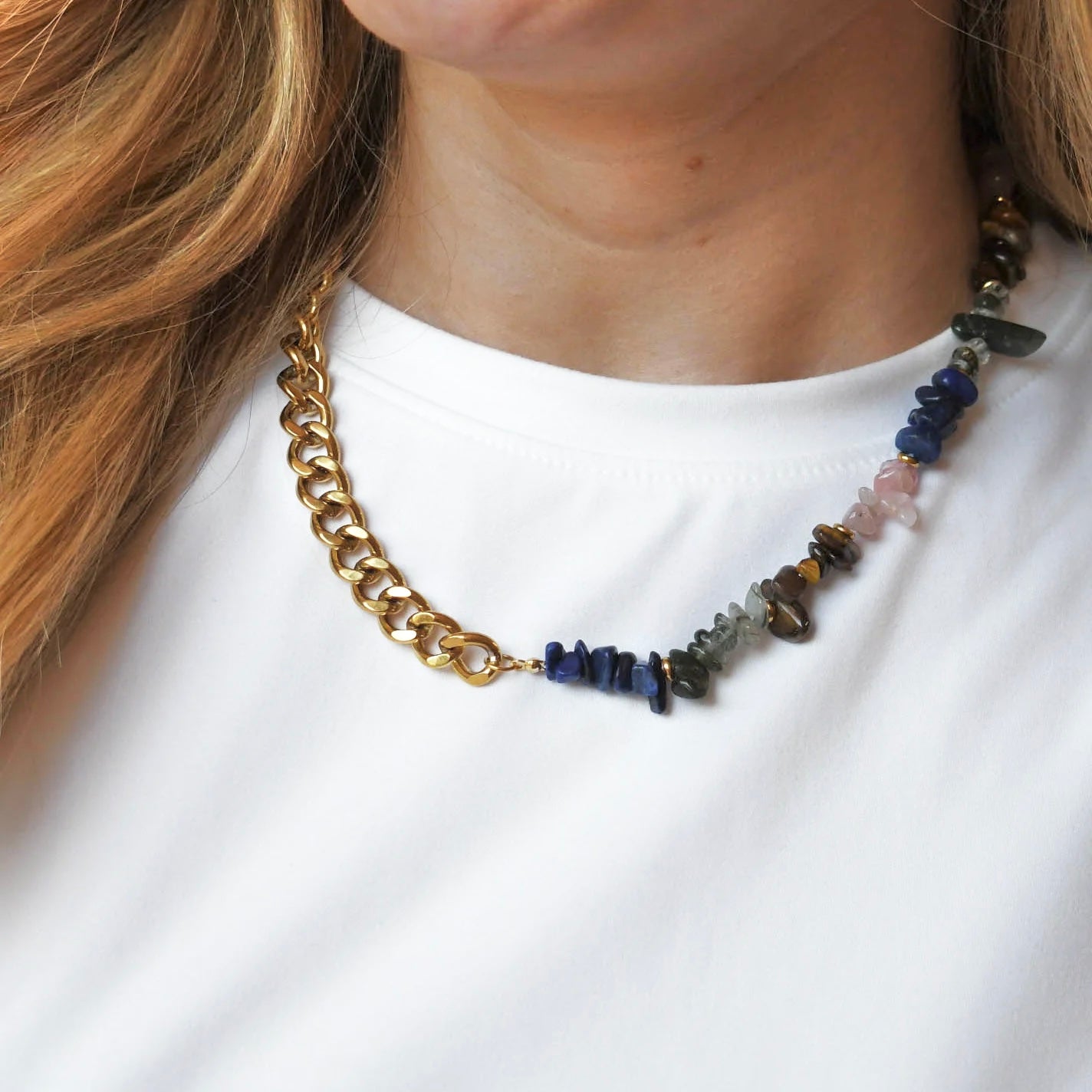 Colorful charms gold necklace featuring gemstone details, layered jewelry design, trendy accessory for women’s jewelry collections, boutique wholesale fashion necklace that is hypoallergenic, tarnish free, and waterproof jewelry with a cute aesthetic statement style