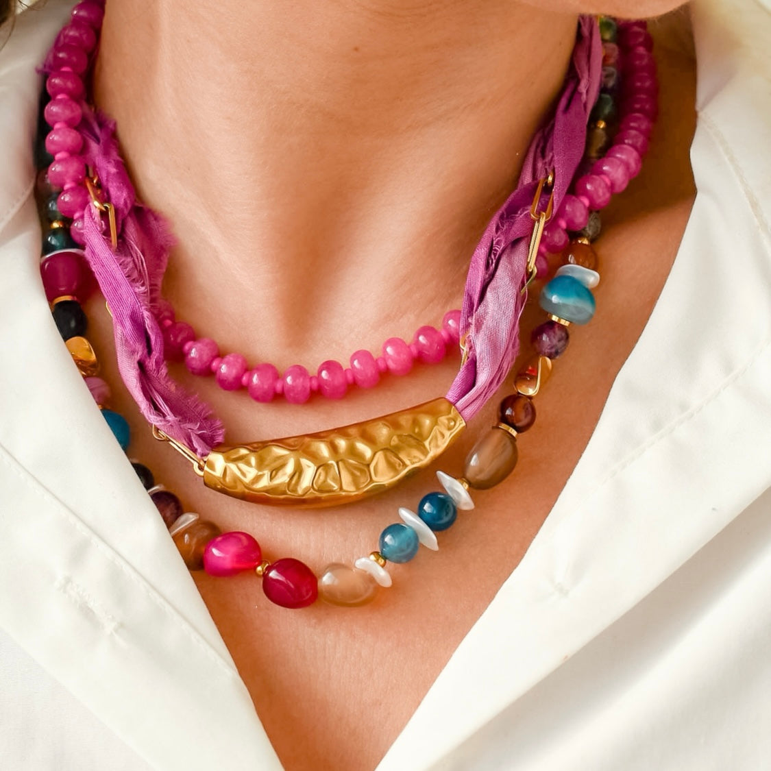 Colorful charms gold necklace featuring gemstone details, layered jewelry design, trendy accessory for women’s jewelry collections, boutique wholesale fashion necklace that is hypoallergenic, tarnish free, and waterproof jewelry with a cute aesthetic statement style