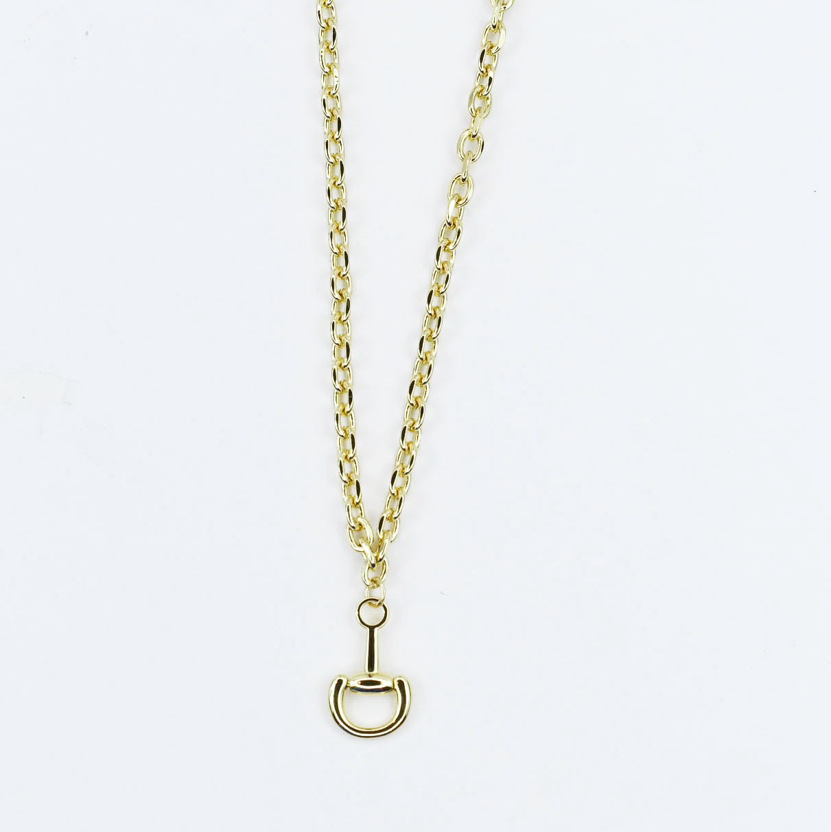 Gold chunky chain necklace with equestrian horse bit pendant, dainty statement accessory, boutique wholesale jewelry for women’s boutiques, trendy waterproof gold necklace, hypoallergenic and tarnish-free jewelry, fashion-forward equestrian necklace, wholesale statement gold jewelry