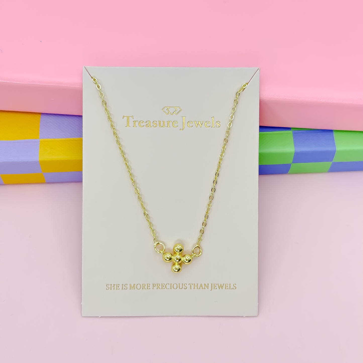 Gold beaded cluster necklace, dainty minimalist pendant, delicate everyday jewelry for women, layered necklace style, waterproof, hypoallergenic, tarnish resistant, boutique wholesale jewelry