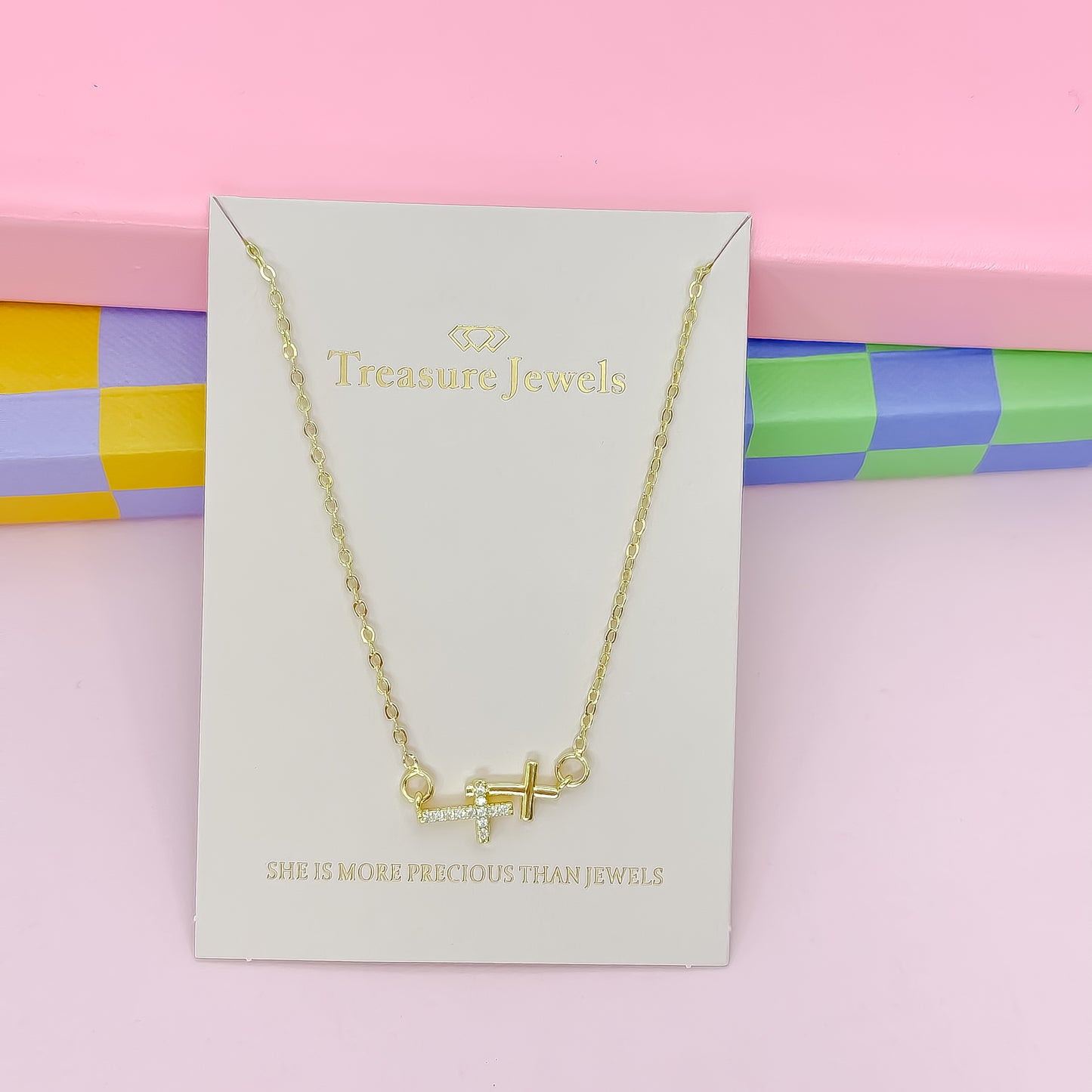 Gold sideways cross necklace, dainty CZ cross pendant, minimalist faith jewelry for women, everyday layering necklace, waterproof, hypoallergenic, tarnish resistant, boutique wholesale jewelry