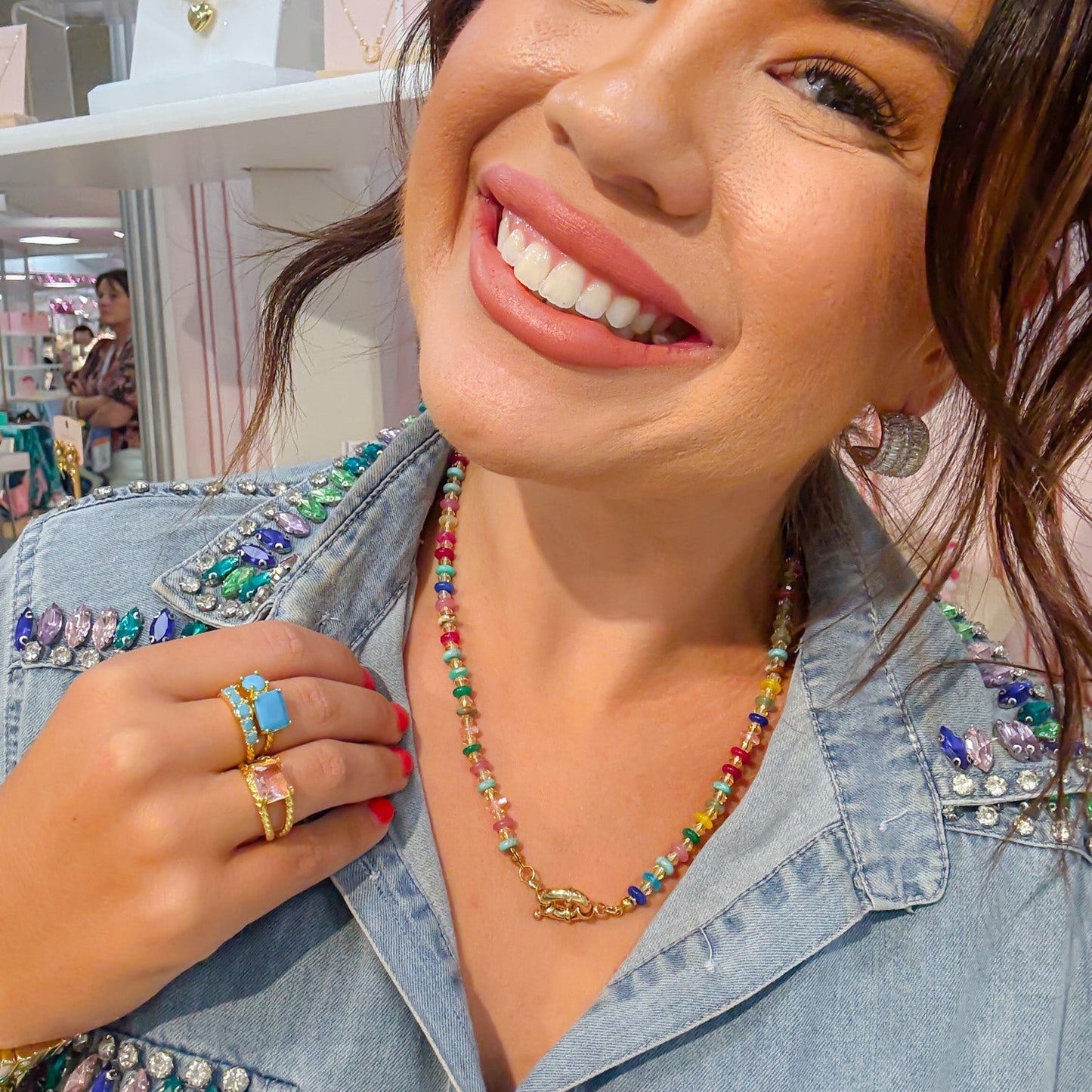 Colorful charms gold necklace featuring gemstone details, layered jewelry design, trendy accessory for women’s jewelry collections, boutique wholesale fashion necklace that is hypoallergenic, tarnish free, and waterproof jewelry with a cute aesthetic statement style