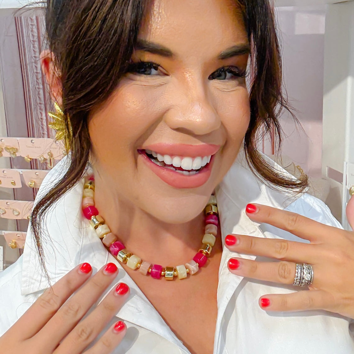 Colorful charms gold necklace featuring gemstone details, layered jewelry design, trendy accessory for women’s jewelry collections, boutique wholesale fashion necklace that is hypoallergenic, tarnish free, and waterproof jewelry with a cute aesthetic statement style