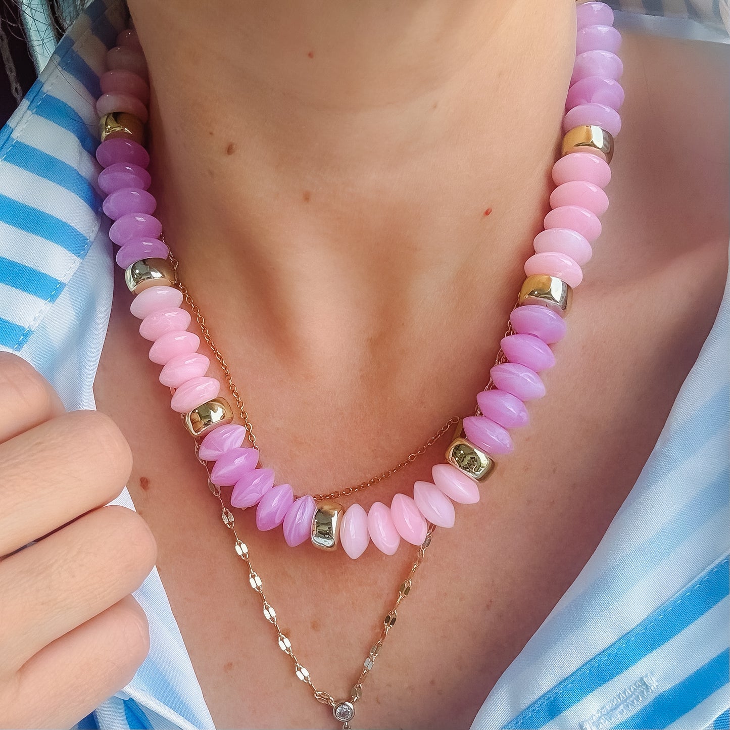 Colorful charms gold necklace featuring gemstone details, layered jewelry design, trendy accessory for women’s jewelry collections, boutique wholesale fashion necklace that is hypoallergenic, tarnish free, and waterproof jewelry with a cute aesthetic statement style