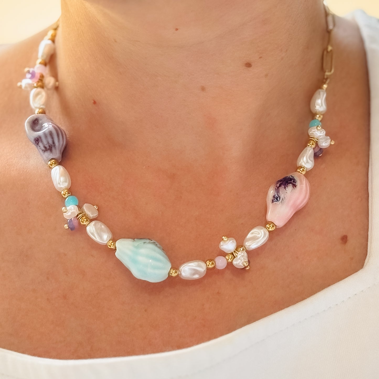 Colorful charms gold necklace featuring gemstone details, layered jewelry design, trendy accessory for women’s jewelry collections, boutique wholesale fashion necklace that is hypoallergenic, tarnish free, and waterproof jewelry with a cute aesthetic statement style