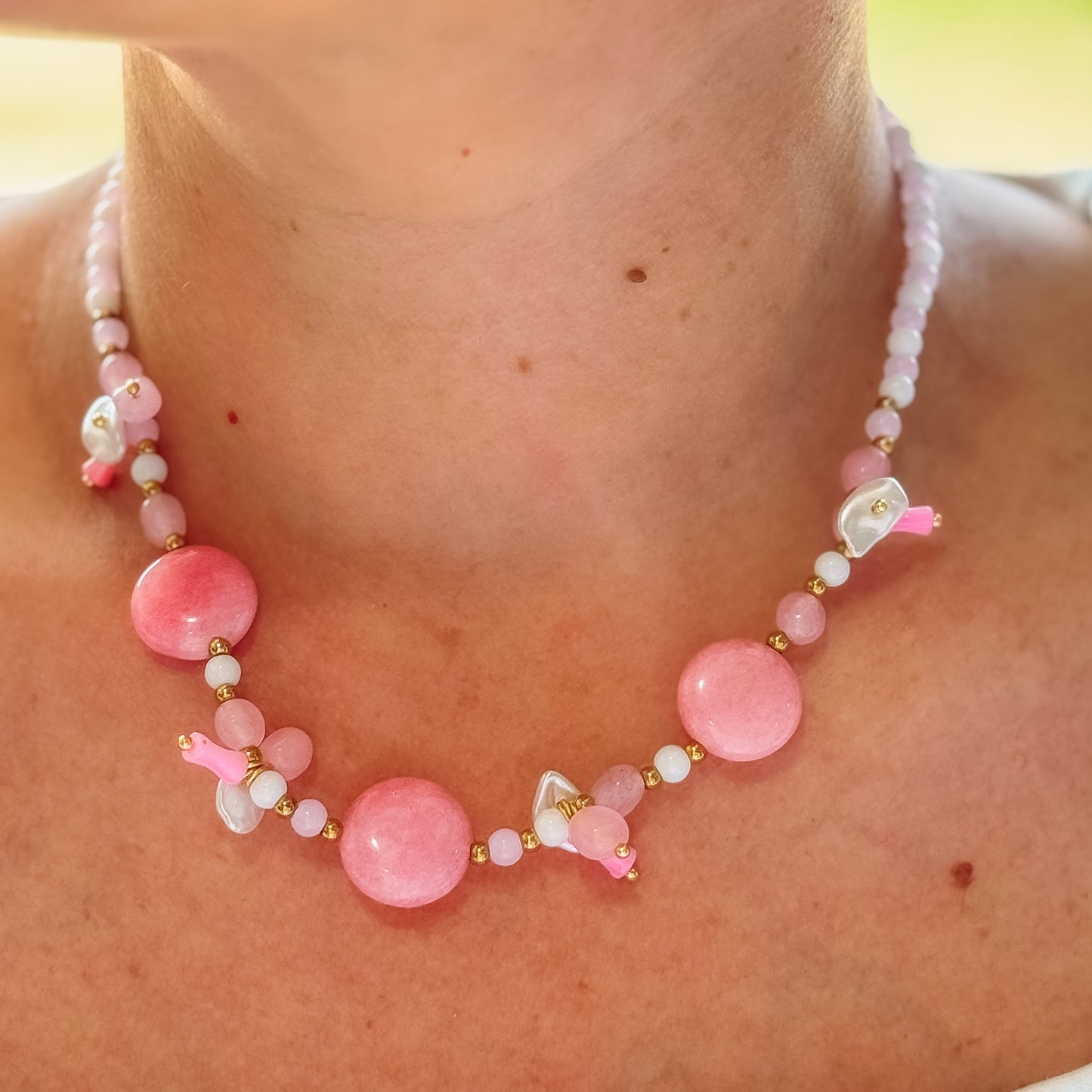 Colorful charms gold necklace featuring gemstone details, layered jewelry design, trendy accessory for women’s jewelry collections, boutique wholesale fashion necklace that is hypoallergenic, tarnish free, and waterproof jewelry with a cute aesthetic statement style