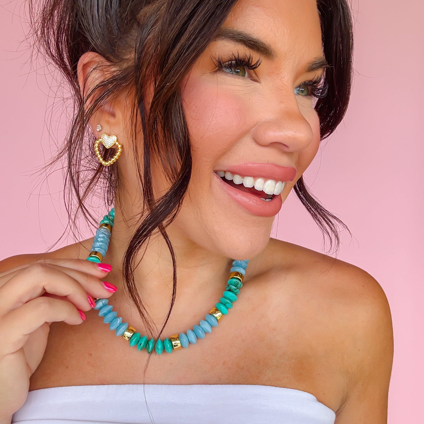 Colorful charms gold necklace featuring gemstone details, layered jewelry design, trendy accessory for women’s jewelry collections, boutique wholesale fashion necklace that is hypoallergenic, tarnish free, and waterproof jewelry with a cute aesthetic statement style