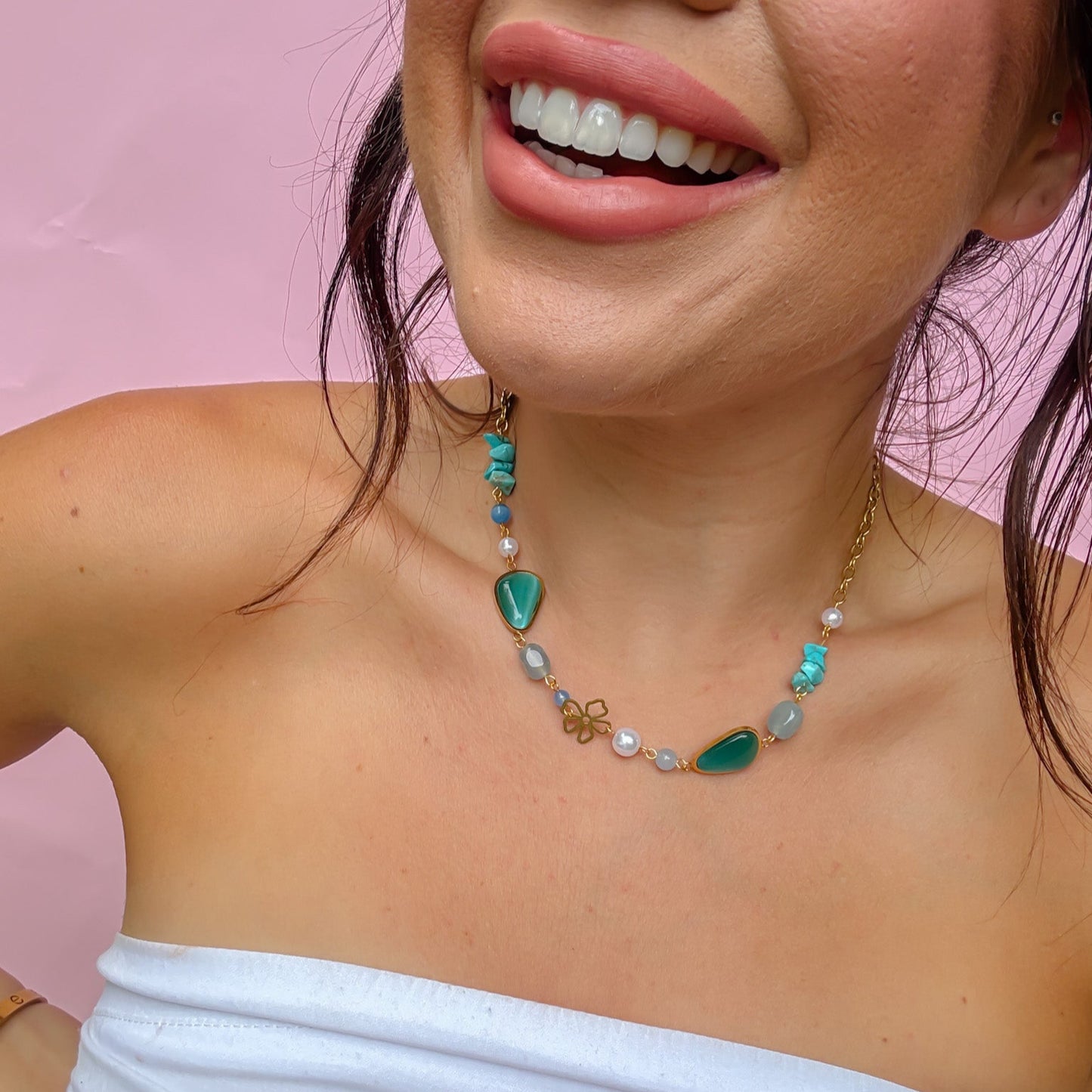 Colorful charms gold necklace featuring gemstone details, layered jewelry design, trendy accessory for women’s jewelry collections, boutique wholesale fashion necklace that is hypoallergenic, tarnish free, and waterproof jewelry with a cute aesthetic statement style
