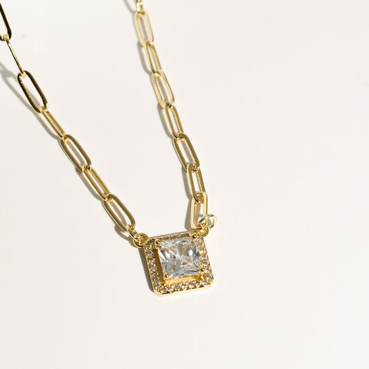 Dainty gold paperclip chain necklace with square crystal pendant, waterproof and hypoallergenic gold necklace, trendy boutique wholesale jewelry