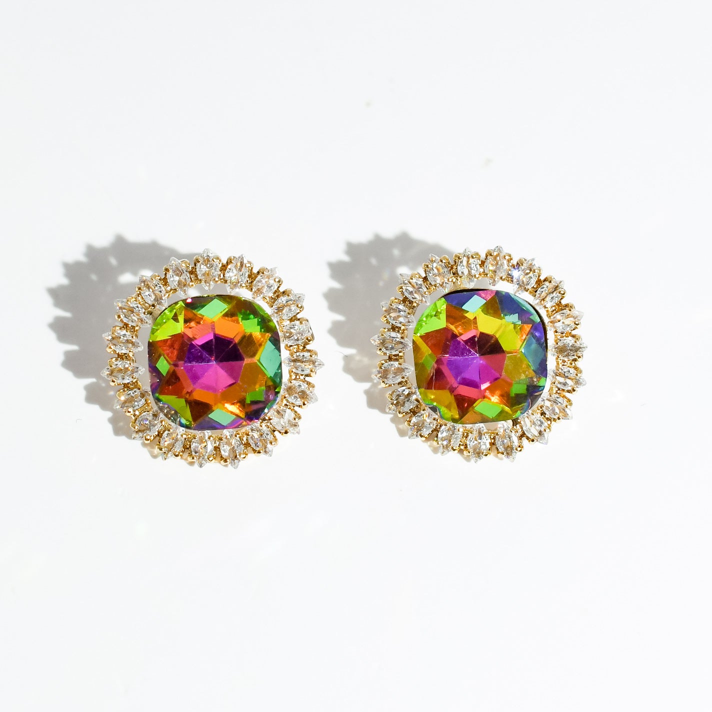 Colorful rainbow crystal stud earrings with a halo of clear sparkling stones — waterproof earrings, tarnish free jewelry, hypoallergenic earrings for sensitive skin, 24k gold dainty earrings, handcrafted gemstone earrings, gold hoop earrings, boutique wholesale earrings, trendy gold jewelry, high quality jewelry gifts