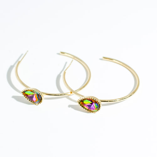 Hoop earrings with colorful teardrop iridescent crystals on sleek gold hoops, waterproof earrings, tarnish free jewelry, hypoallergenic earrings for sensitive skin, 24k gold dainty earrings, handcrafted gemstone earrings, gold hoop earrings, boutique wholesale earrings, trendy gold jewelry, high quality jewelry gifts