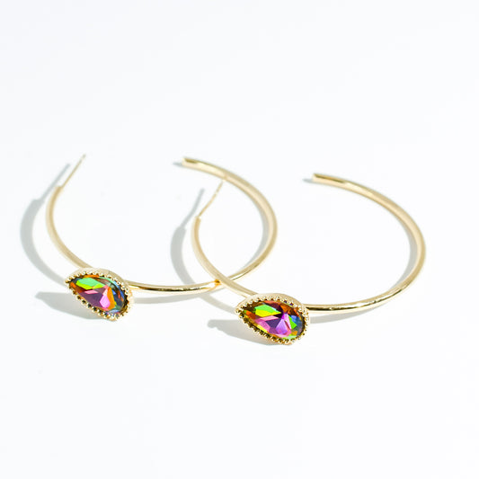 Hoop earrings with colorful teardrop iridescent crystals on sleek gold hoops, waterproof earrings, tarnish free jewelry, hypoallergenic earrings for sensitive skin, 24k gold dainty earrings, handcrafted gemstone earrings, gold hoop earrings, boutique wholesale earrings, trendy gold jewelry, high quality jewelry gifts