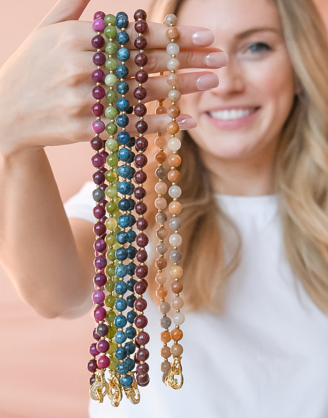 Colorful charms gold necklace featuring gemstone details, layered jewelry design, trendy accessory for women’s jewelry collections, boutique wholesale fashion necklace that is hypoallergenic, tarnish free, and waterproof jewelry with a cute aesthetic statement style