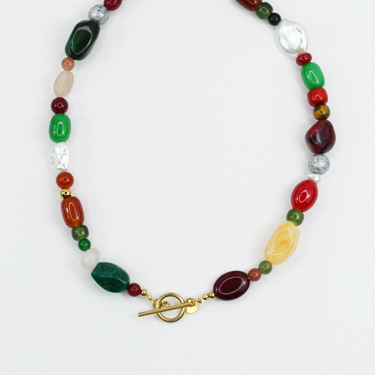 Colorful charms gold necklace featuring gemstone details, layered jewelry design, trendy accessory for women’s jewelry collections, boutique wholesale fashion necklace that is hypoallergenic, tarnish free, and waterproof jewelry with a cute aesthetic statement style