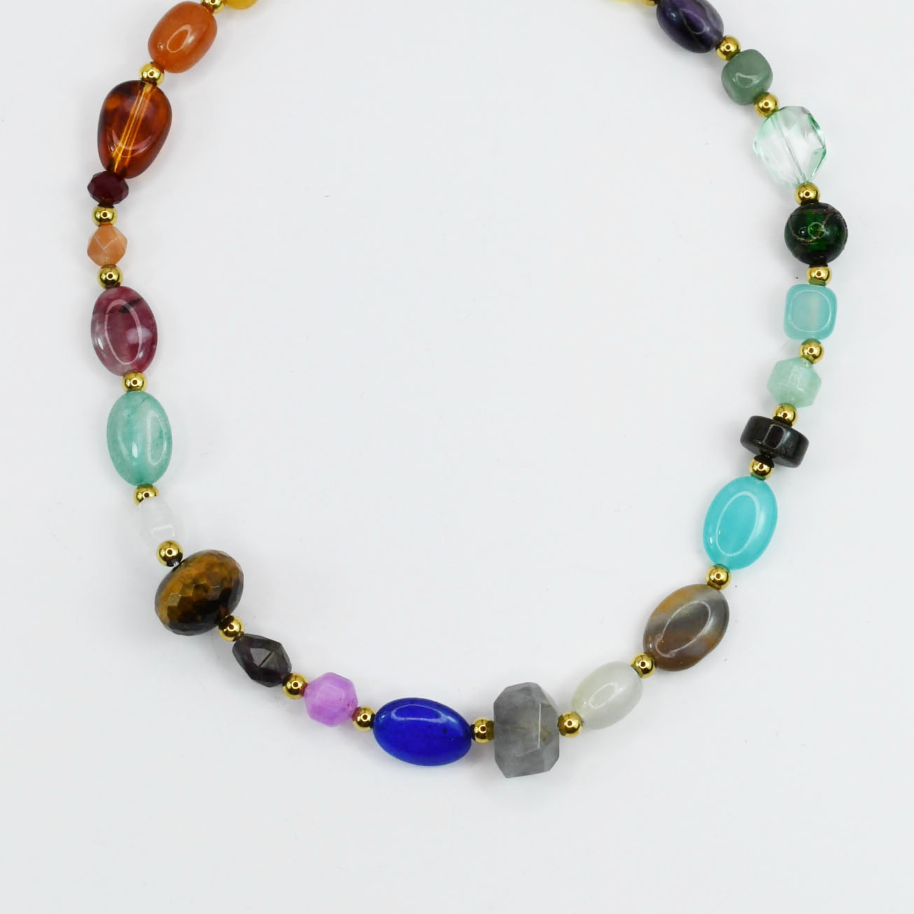 Colorful charms gold necklace featuring gemstone details, layered jewelry design, trendy accessory for women’s jewelry collections, boutique wholesale fashion necklace that is hypoallergenic, tarnish free, and waterproof jewelry with a cute aesthetic statement style