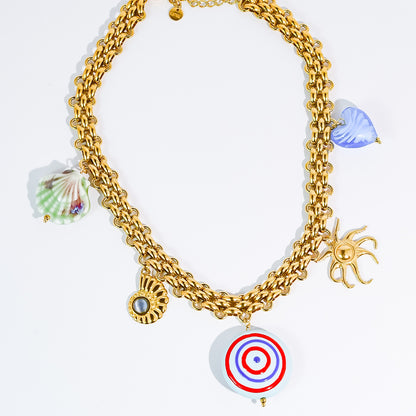 Colorful charms gold necklace featuring gemstone details, layered jewelry design, trendy accessory for women’s jewelry collections, boutique wholesale fashion necklace that is hypoallergenic, tarnish free, and waterproof jewelry with a cute aesthetic statement style