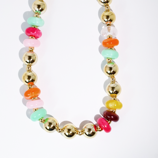 Colorful charms gold necklace featuring gemstone details, layered jewelry design, trendy accessory for women’s jewelry collections, boutique wholesale fashion necklace that is hypoallergenic, tarnish free, and waterproof jewelry with a cute aesthetic statement style