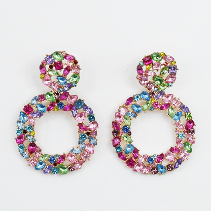 Colorful crystal statement earrings with multicolor beads and sparkling stones, waterproof earrings, tarnish free jewelry, hypoallergenic earrings for sensitive skin, 24k gold dainty earrings, handcrafted gemstone earrings, gold hoop earrings, boutique wholesale earrings, trendy gold jewelry, high quality jewelry gifts