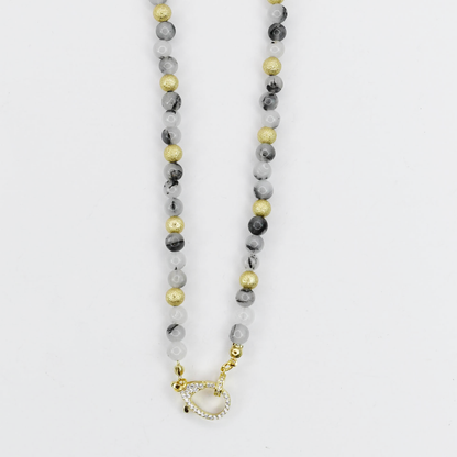 Colorful charms gold necklace featuring gemstone details, layered jewelry design, trendy accessory for women’s jewelry collections, boutique wholesale fashion necklace that is hypoallergenic, tarnish free, and waterproof jewelry with a cute aesthetic statement style,tiger eye tones