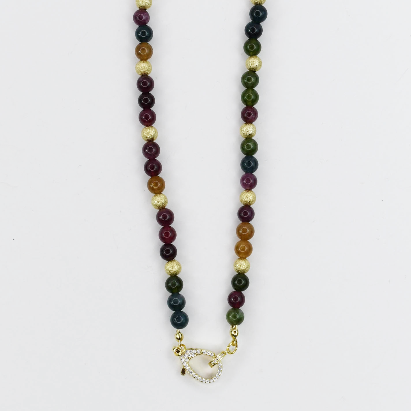 Colorful charms gold necklace featuring gemstone details, layered jewelry design, trendy accessory for women’s jewelry collections, boutique wholesale fashion necklace that is hypoallergenic, tarnish free, and waterproof jewelry with a cute aesthetic statement style,tiger eye tones