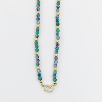 Colorful charms gold necklace featuring gemstone details, layered jewelry design, trendy accessory for women’s jewelry collections, boutique wholesale fashion necklace that is hypoallergenic, tarnish free, and waterproof jewelry with a cute aesthetic statement style,tiger eye tones