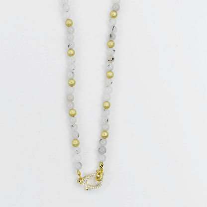 Colorful charms gold necklace featuring gemstone details, layered jewelry design, trendy accessory for women’s jewelry collections, boutique wholesale fashion necklace that is hypoallergenic, tarnish free, and waterproof jewelry with a cute aesthetic statement style,tiger eye tones