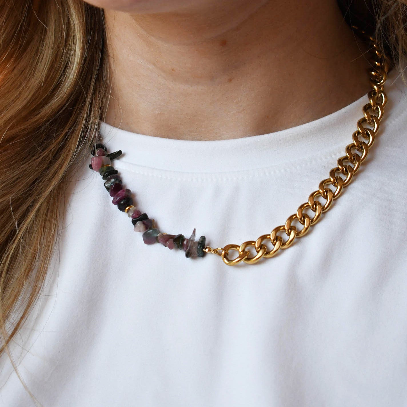 Colorful charms gold necklace featuring gemstone details, layered jewelry design, trendy accessory for women’s jewelry collections, boutique wholesale fashion necklace that is hypoallergenic, tarnish free, and waterproof jewelry with a cute aesthetic statement style