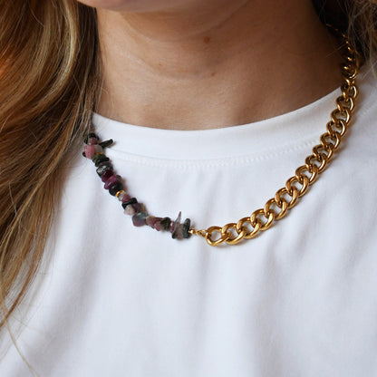 Colorful charms gold necklace featuring gemstone details, layered jewelry design, trendy accessory for women’s jewelry collections, boutique wholesale fashion necklace that is hypoallergenic, tarnish free, and waterproof jewelry with a cute aesthetic statement style