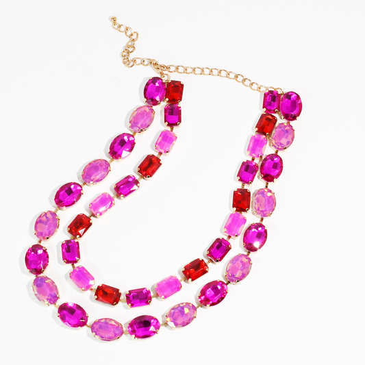 Pink Layered Round Crystal Necklace