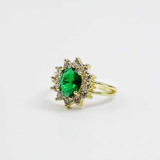 gold band with green centerpiece, oval emerald tone jewel, halo crystal detail, vibrant green accent, luminous oval stone, bright gem setting, elegant green focus, shimmering halo design, vivid centerpiece style, refined gemstone touch, radiant oval feature, polished gold finish