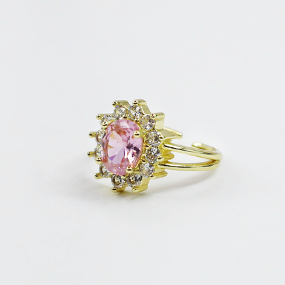 gold band with pink stone, adjustable crystal piece, faceted pink jewel, gold accessory with sparkle, pastel gemstone accent, luminous gold design, pink centerpiece detail, shimmering gold setting, soft-tone crystal feature, elegant gold style, pastel gem highlight, refined crystal accessory