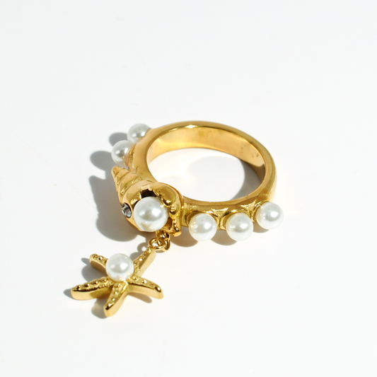 hypoallergenic ring, waterproof ring, tarnish free jewelry, boutique wholesale jewelry, dainty gold ring, gemstone statement ring, sparkly cubic zirconia ring, high quality jewelry gifts, elegant gold plated ring, trendy fashion ring, pastel gemstone ring,costal pearl ring