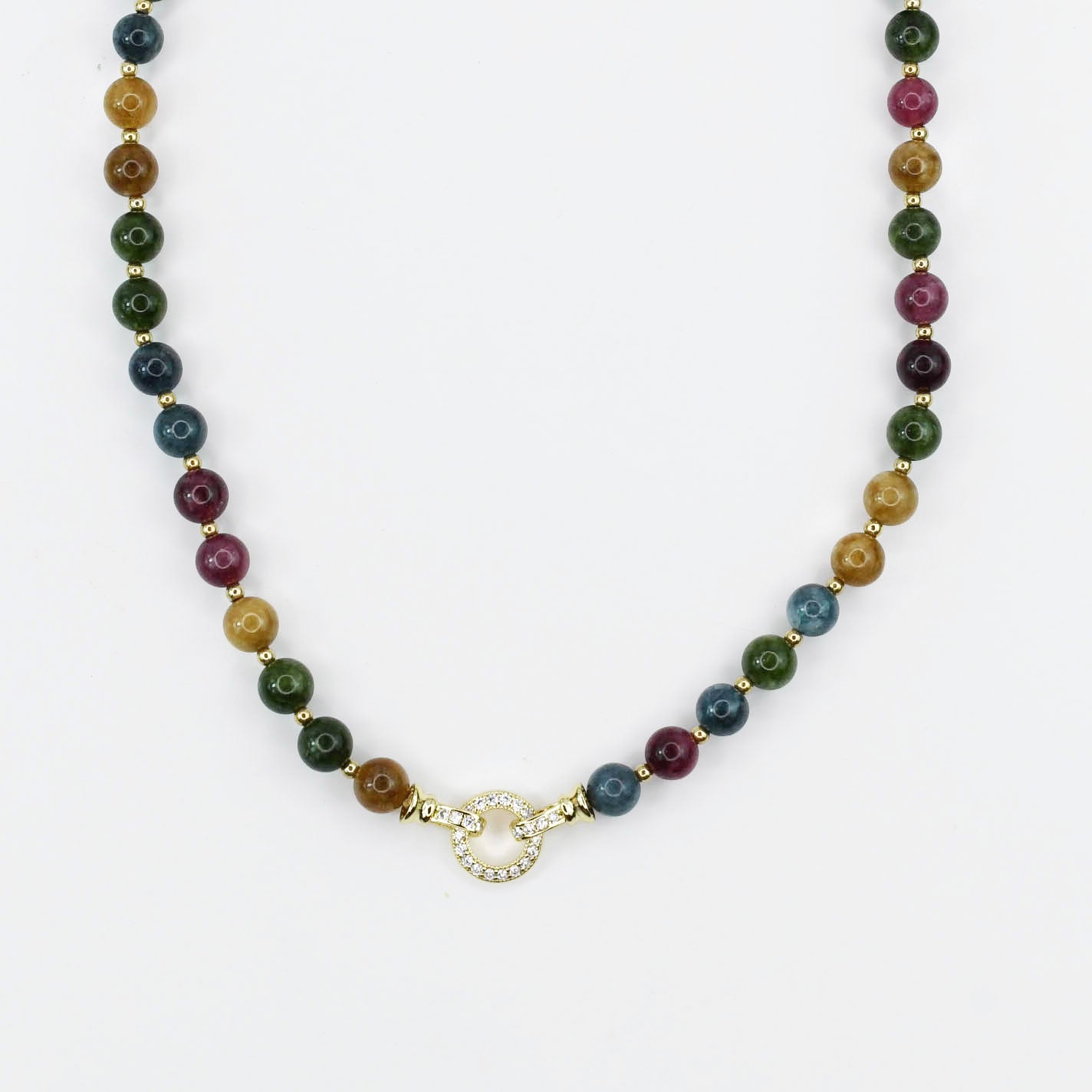 Colorful charms gold necklace featuring gemstone details, layered jewelry design, trendy accessory for women’s jewelry collections, boutique wholesale fashion necklace that is hypoallergenic, tarnish free, and waterproof jewelry with a cute aesthetic statement style
