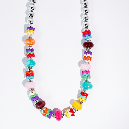 Colorful charms silver necklace featuring gemstone details, layered jewelry design, trendy accessory for women’s jewelry collections, boutique wholesale fashion necklace that is hypoallergenic, tarnish free, and waterproof jewelry with a cute aesthetic statement style