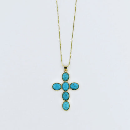 Gold necklace with turquoise cross pendant, boutique wholesale jewelry for women, boho statement accessory, waterproof and hypoallergenic necklace, tarnish-free gold chain, trendy turquoise pendant jewelry for stylish women’s boutiques