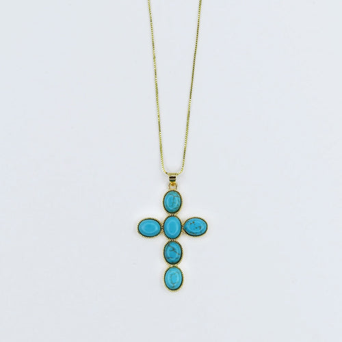 Gold necklace with turquoise cross pendant, boutique wholesale jewelry for women, boho statement accessory, waterproof and hypoallergenic necklace, tarnish-free gold chain, trendy turquoise pendant jewelry for stylish women’s boutiques